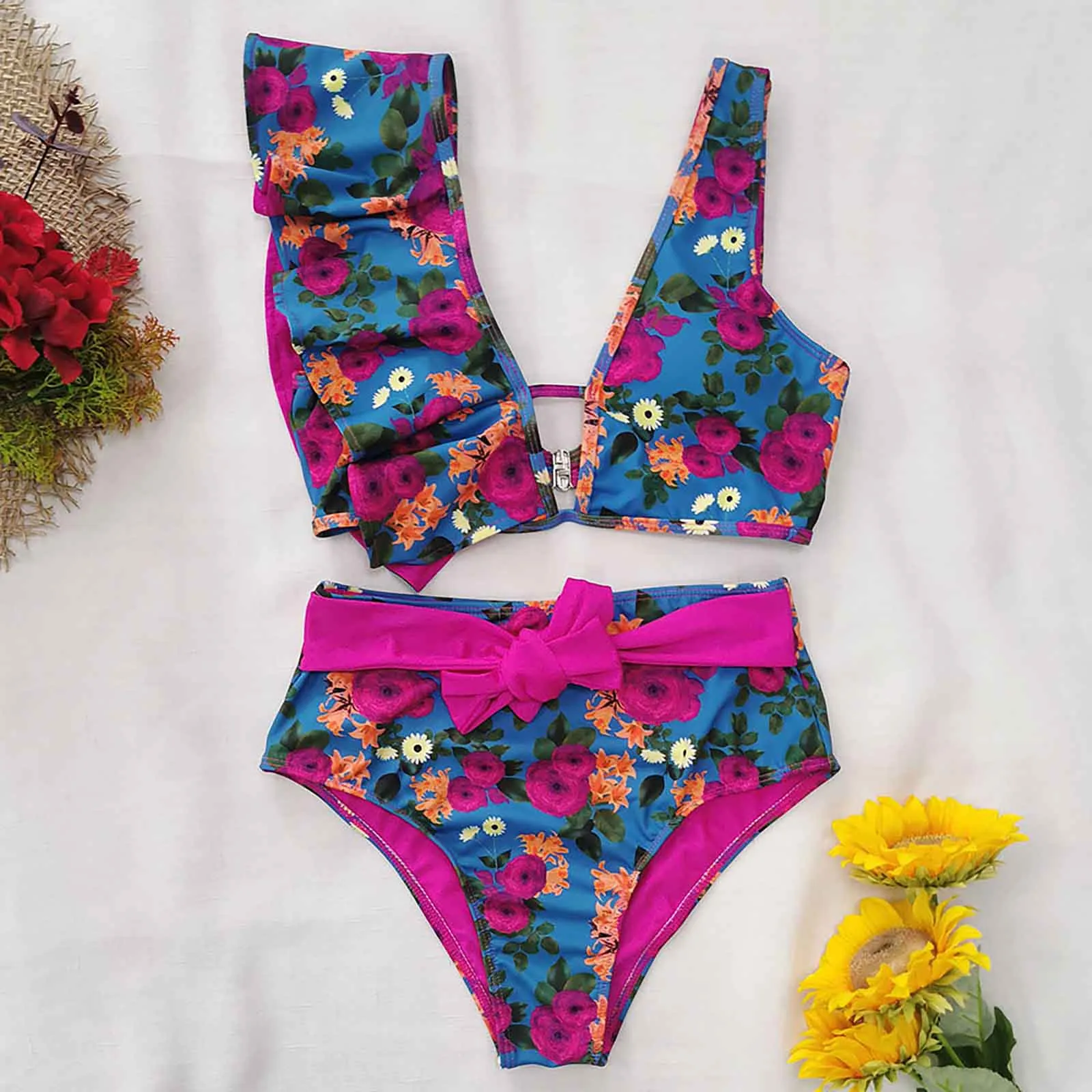 Vrouwen badpak sexy bandjes hoge taille bedrukte riem bikini bloemen blad badmode strand badmode zomer badpak tankini