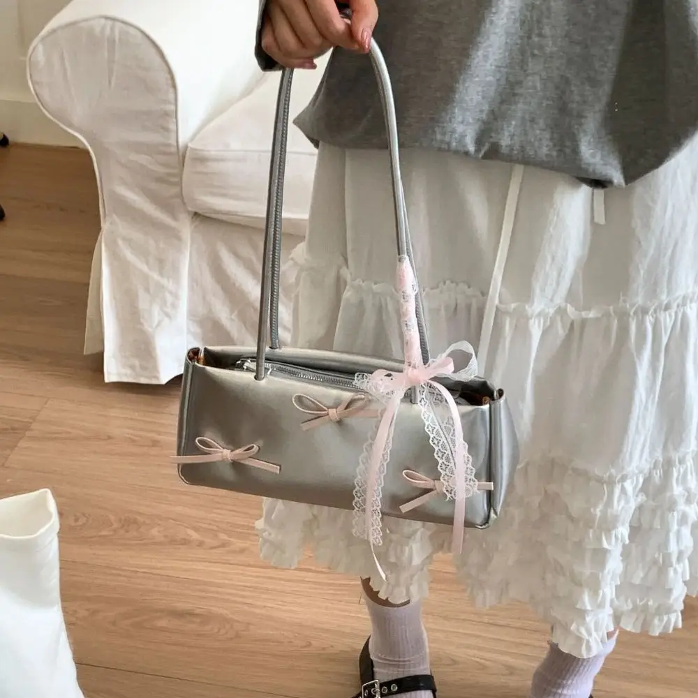 

All-match Sweet French Stick Handbag Ribbon Y2K Bow Lace Shoulder Bag Solid Color High Quality Women Armpit Bag School