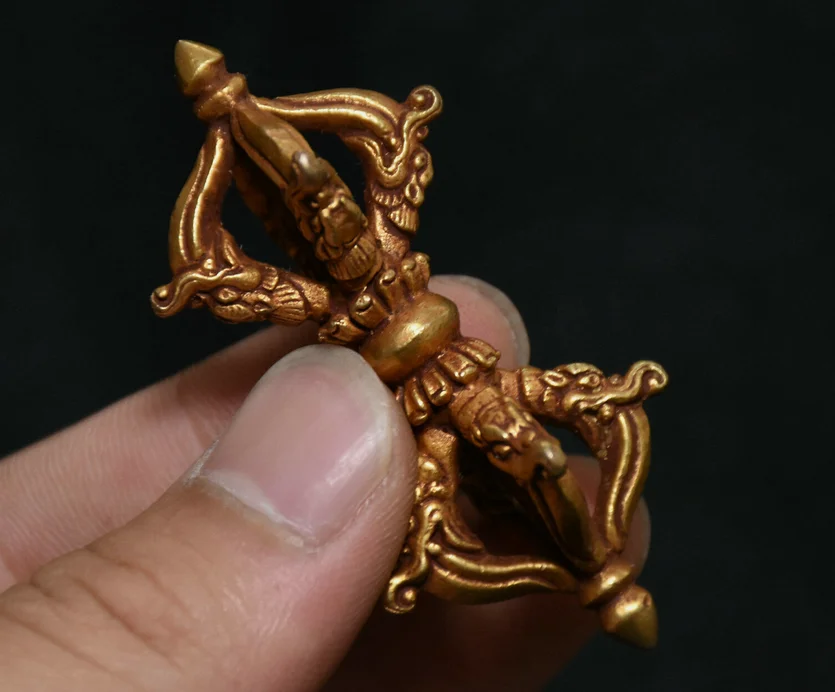 Old Tibet Bronze Gold Gilt Dragon Head Vajra Phurba Dagger Holder Tantric Fa Qi
