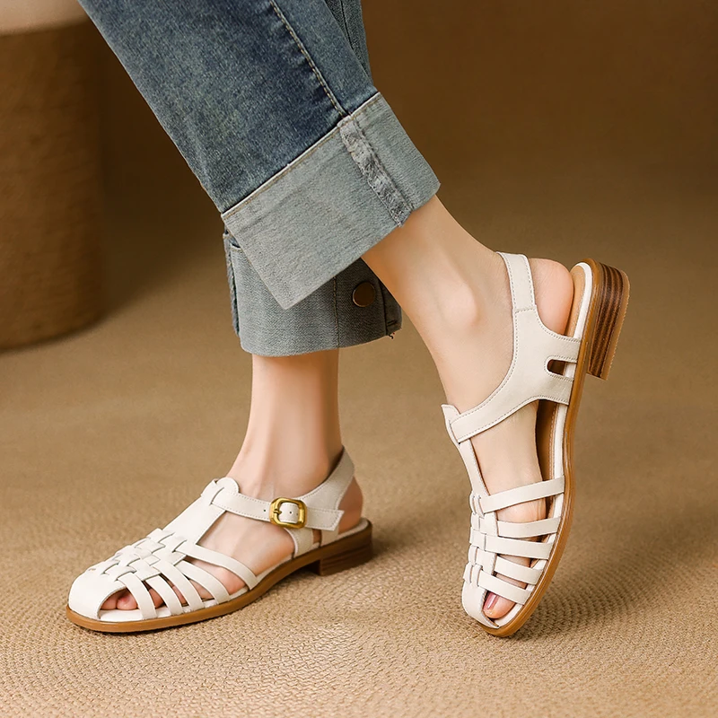 

Handmade Genuine Leather Classic retro roman woman sandals 2.5cm low heels elegant Heeled Sandals sandalias de mujer