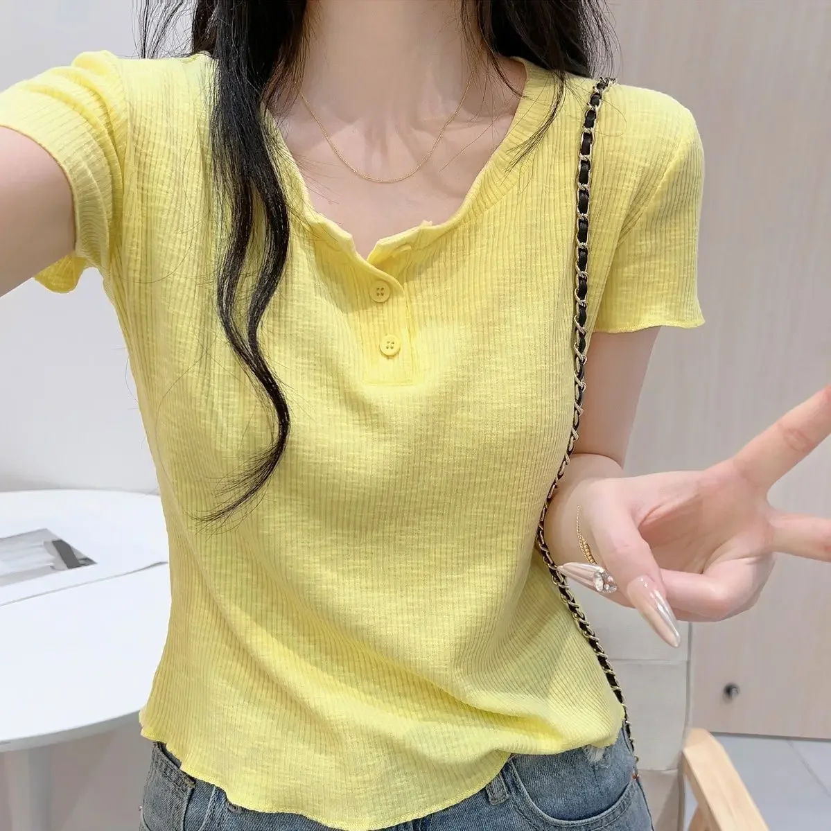 

2024 Summer Pullovers for Women, Fashionable and Chic Solid Color Slim Fit Half-Open Neck Short Sleeve T-Shirt