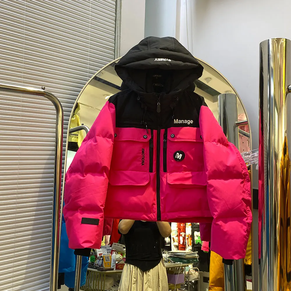 Inverno pato branco para baixo casaco puffer parkas roupas de trabalho feminino quente engrossado curto outwears feminino retalhos com capuz jaqueta