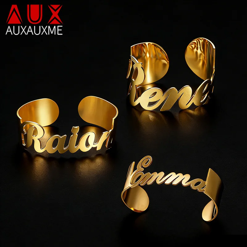 

Auxauxme Customized Name Big Bracelet Stainless Steel Adjustable Personalized Bangle Jewelry for Women Men Party Anniversary