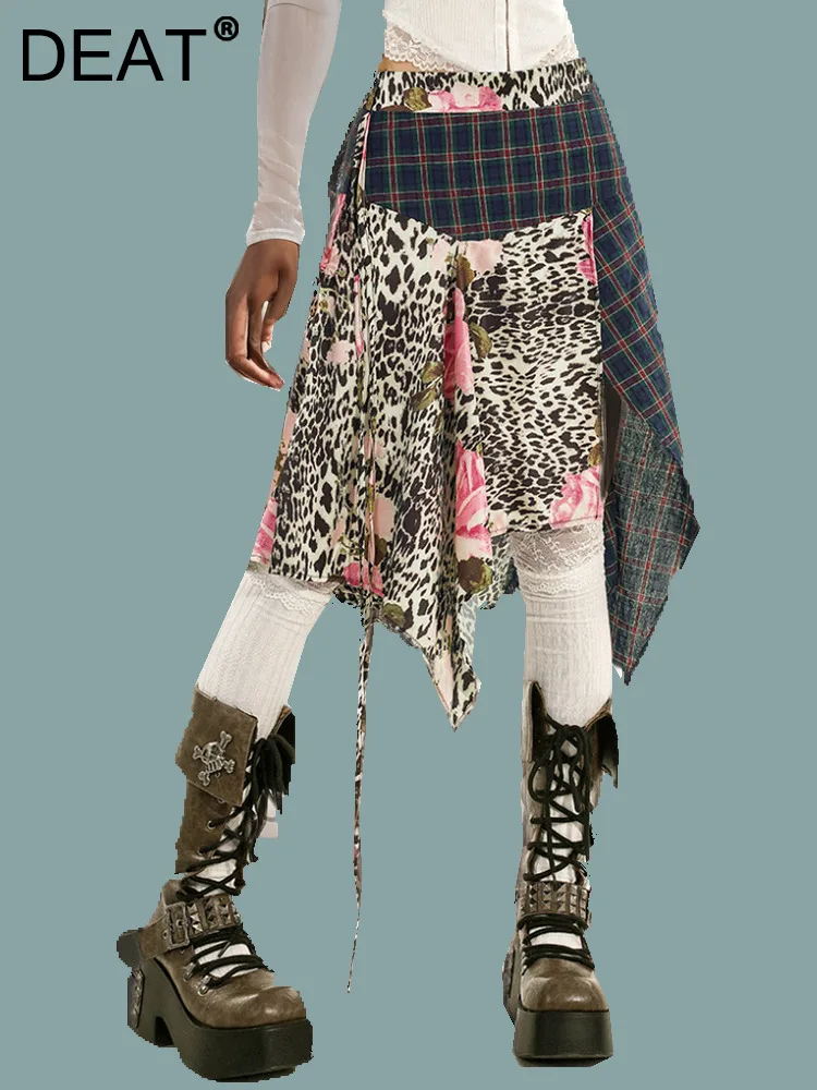 

DEAT Trendy Fashion Women's Leopard Spliced Plaid Mini Skirts 2024 Summer New Items High Waist Irregular Skirt Female 33A1692