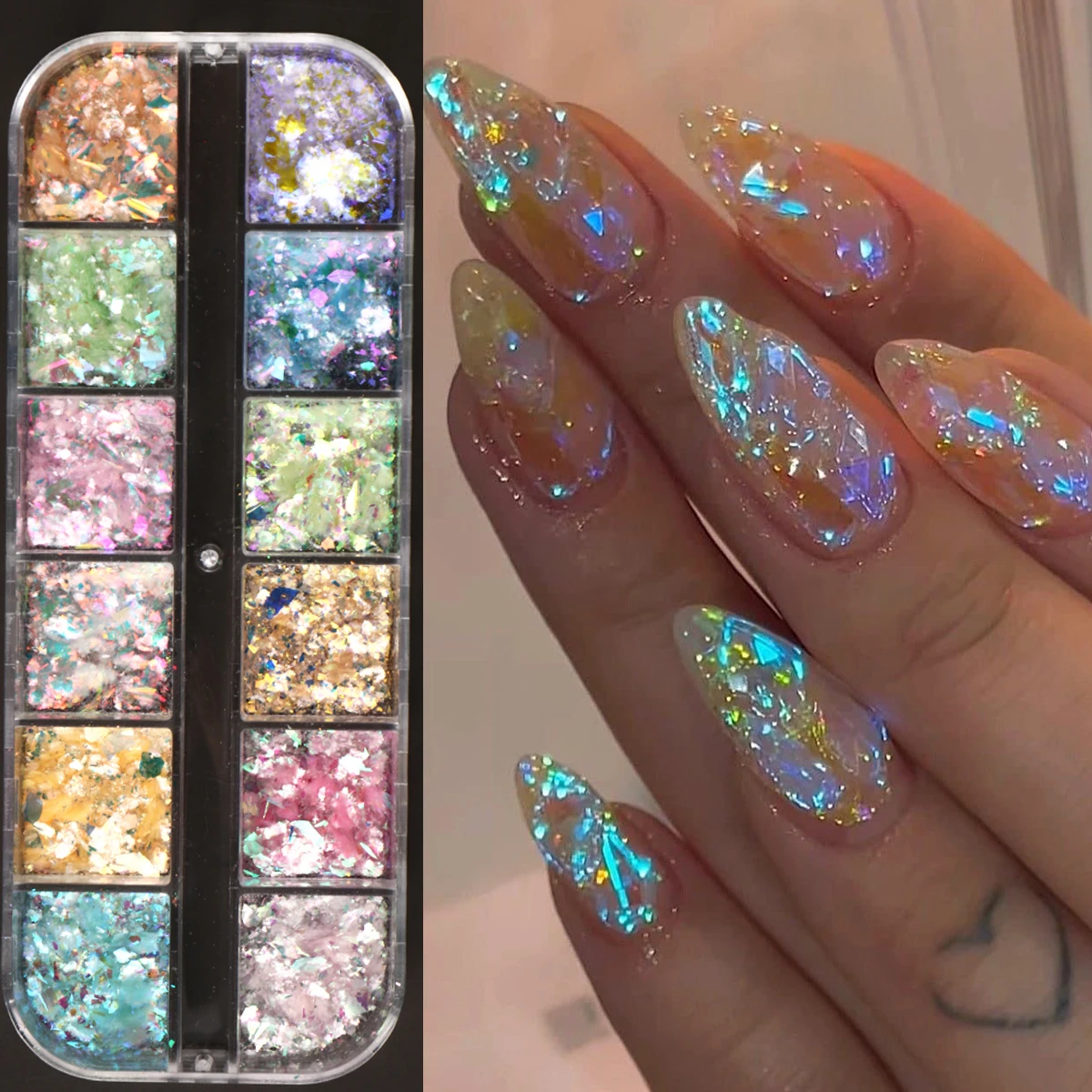 12er-Set Aurora Opal Flocken Nagelpailletten Traumhafte Meerjungfrauen-Farbige Nagelglitzer Flocken Holografische Glitzerpailletten für Maniküre