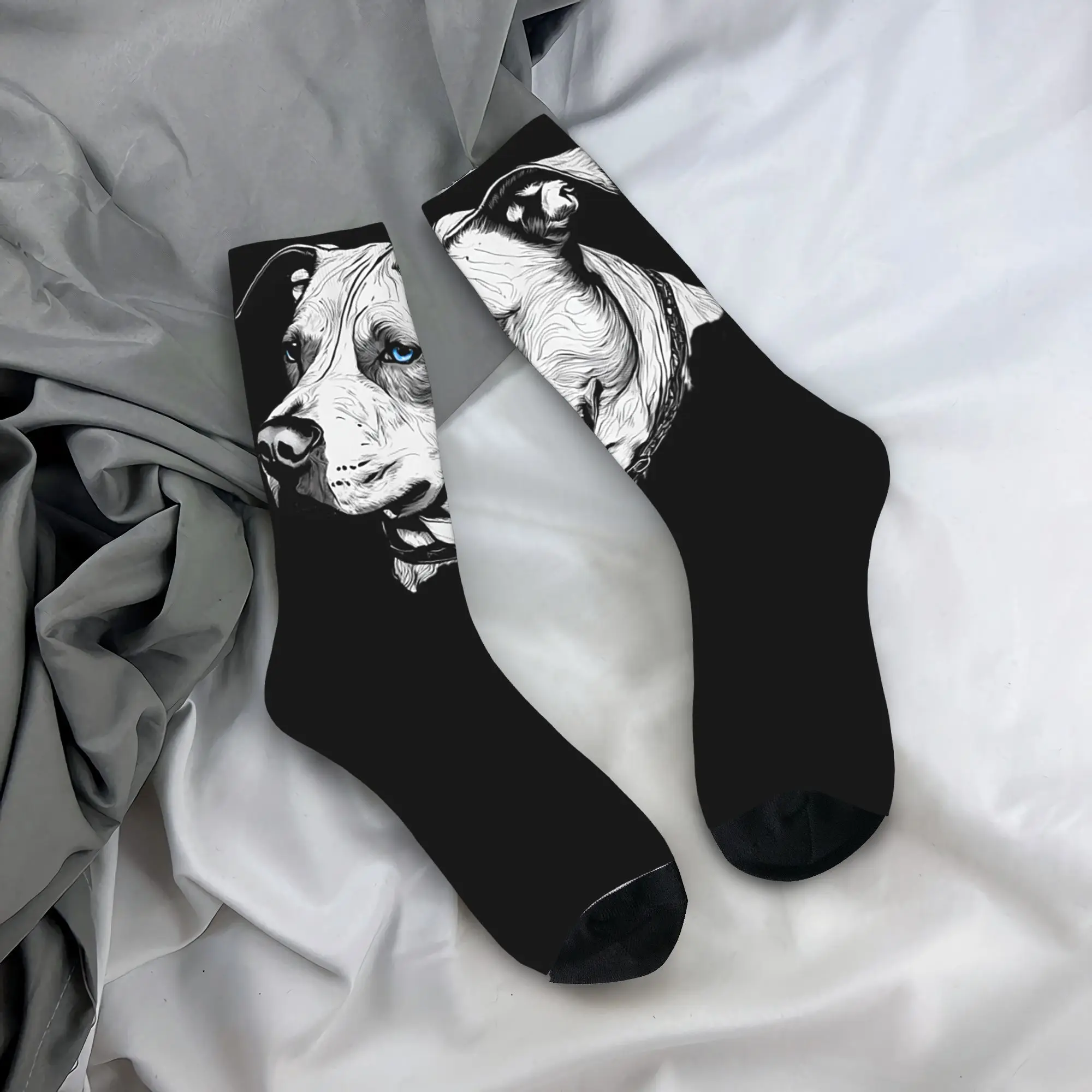 

All Seasons Minimalist Line Pitbull with Blue Eyes Socks Harajuku High Quality Stockings Crew Socks for Men Women Birthday Gifts