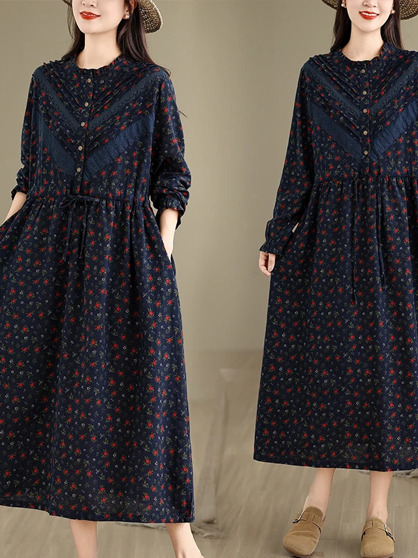 Retro Floral Print Loose Women's Dr Autumn New Sle Artistic Slimming Belted Versatile Cotton Long Sve round Ne Dr