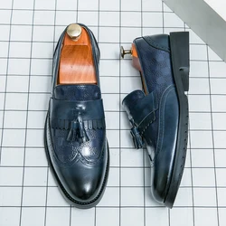Italian Brand Men's Wedding Pointed Shoes Soft Soled Anti Slip Men's Loafers Leather Casual Shoes Fashionable Blue Free Delivery