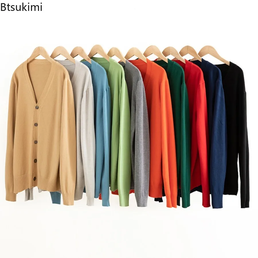 New 2025 Classic Style Men's Knitted Cardigan Thin V-neck Basic Elastic Loose Sweater Khaki Casual Cardigans Sweaters for Men