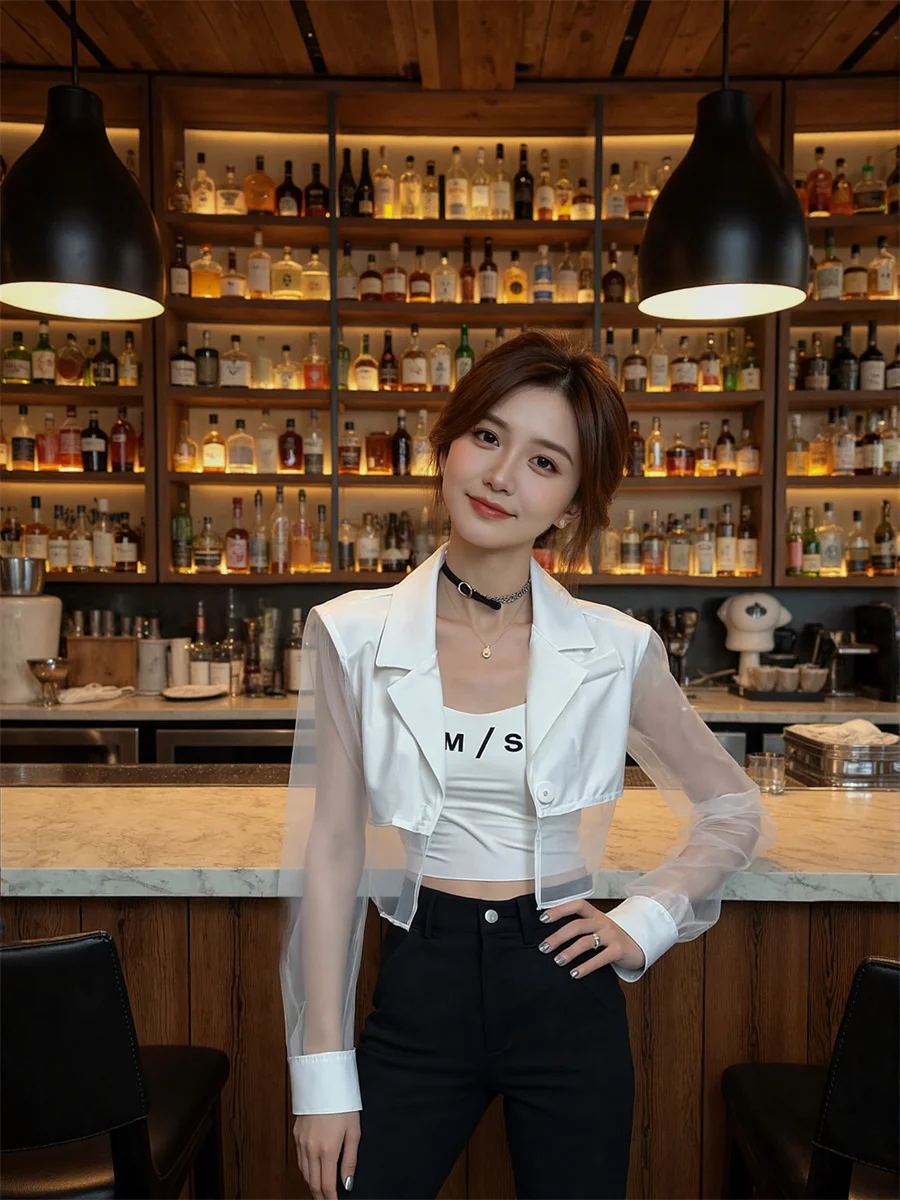 Sun-proof Cropped See-through Back-Slit Blazers Elegant Woman Clothes For Women Ruffles Split-Side Washed Single-Row Dark Tender