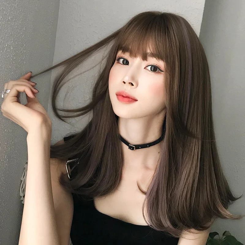 Women's long hair wig with gradient highlights, collarbone-length hair, air bangs, full head wig, popular online