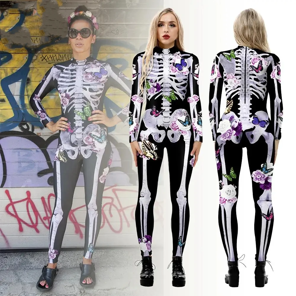 

Halloween Tights Adult Costume Line Flower Skull Digital Print Jumpsuit Bodysuits Carnival Party Day Of The Dead Outfit Cosplay