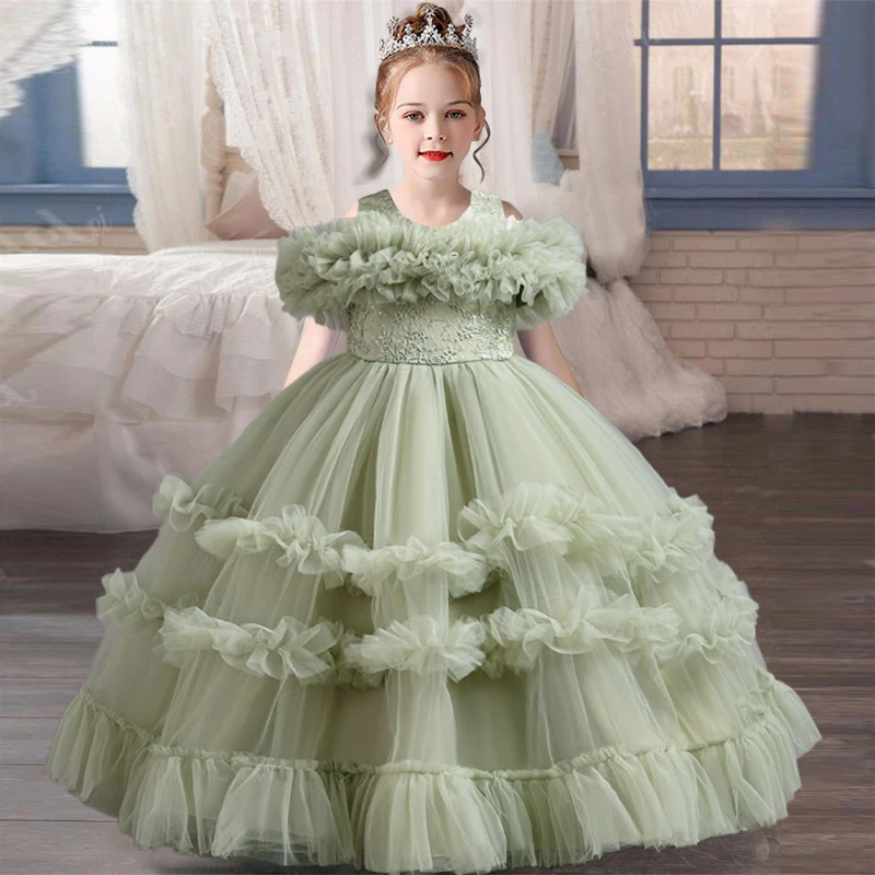 New lace Christmas party one shoulder evening dress for 3-12-year-old birthday party, mesh fluffy girl princess dress