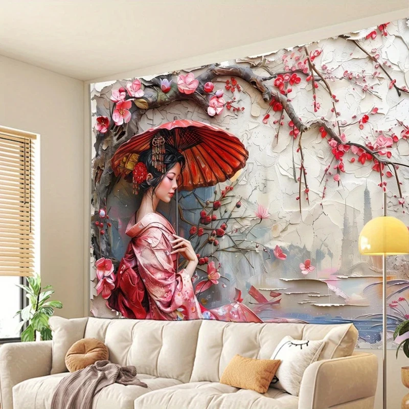 VIKAMA Japanese Geisha Red Plum 3D Texture Tapestry Oriental Kimono Beauty Print Wall Hanging Bedroom Decor