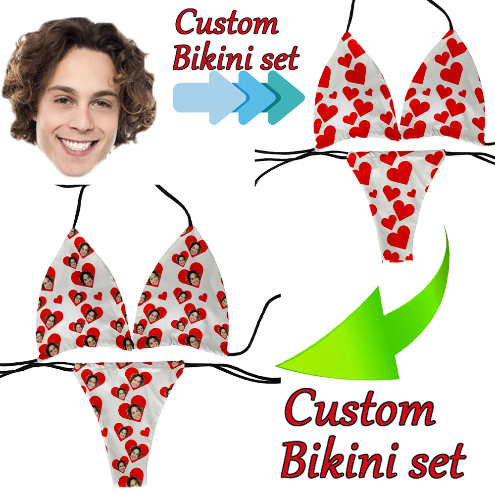 Setelan bikini kustom dengan gambar cetak 3D menyenangkan DIY foto Anda logo hewan peliharaan pola cinta hadiah pakaian renang untuk teman keluarga