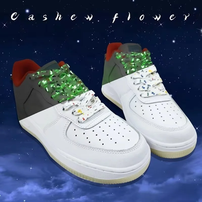 Flat Luminous Shoelaces for Sneakers Fluorescent Glow-in-the-dark Printing Cashew Flower Splash Ink Shoe Laces for Woman Man