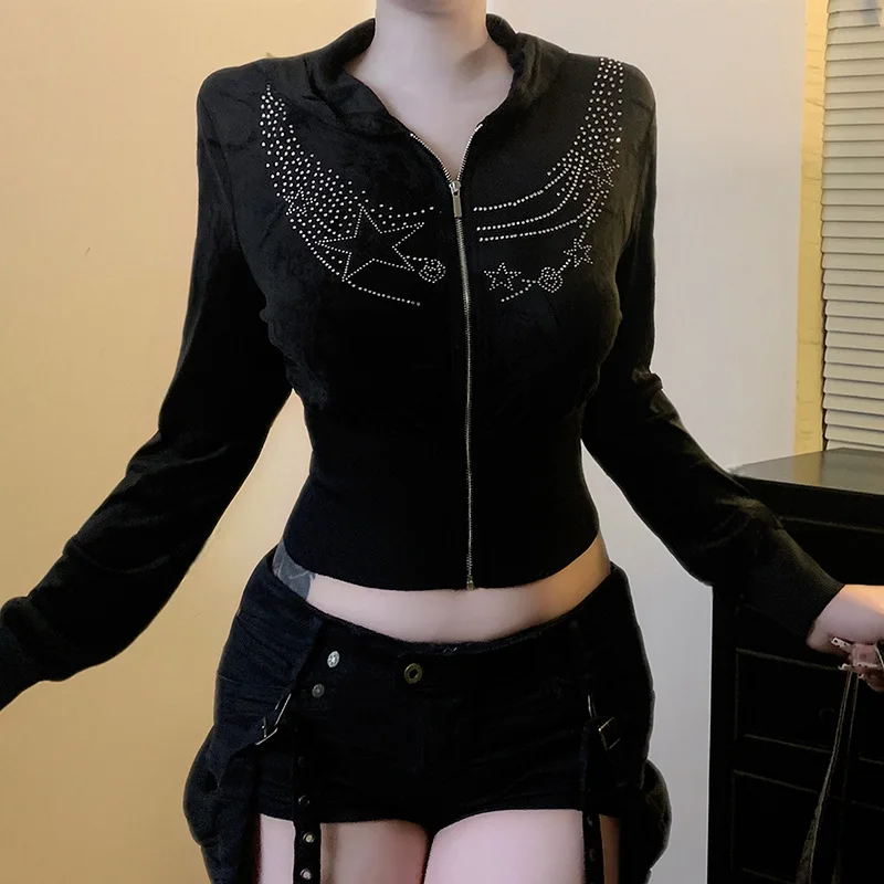Rhinestone Velvet Black Cropped Jacket Y2k Long Sleeve Zip Up Hoodies Graphic Woman Fall Clothes 2025 P77-CI26