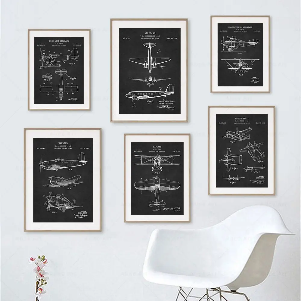 طائرة براءة اختراع طباعة ملصق خمر سلاح الجو طائرة مقاتلة مخطط الطيار هدية حائط لوح رسم الفن صور ديكور المنزل
