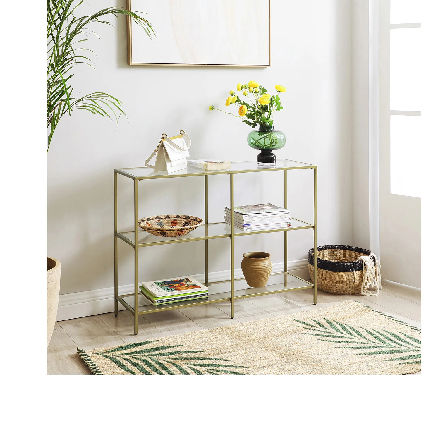 VASAGLE Console Table, Entryway Cabinet, 3 Tier Shelf, Tempered Glass, 100 x 30 x 73 cm, Metal Frame