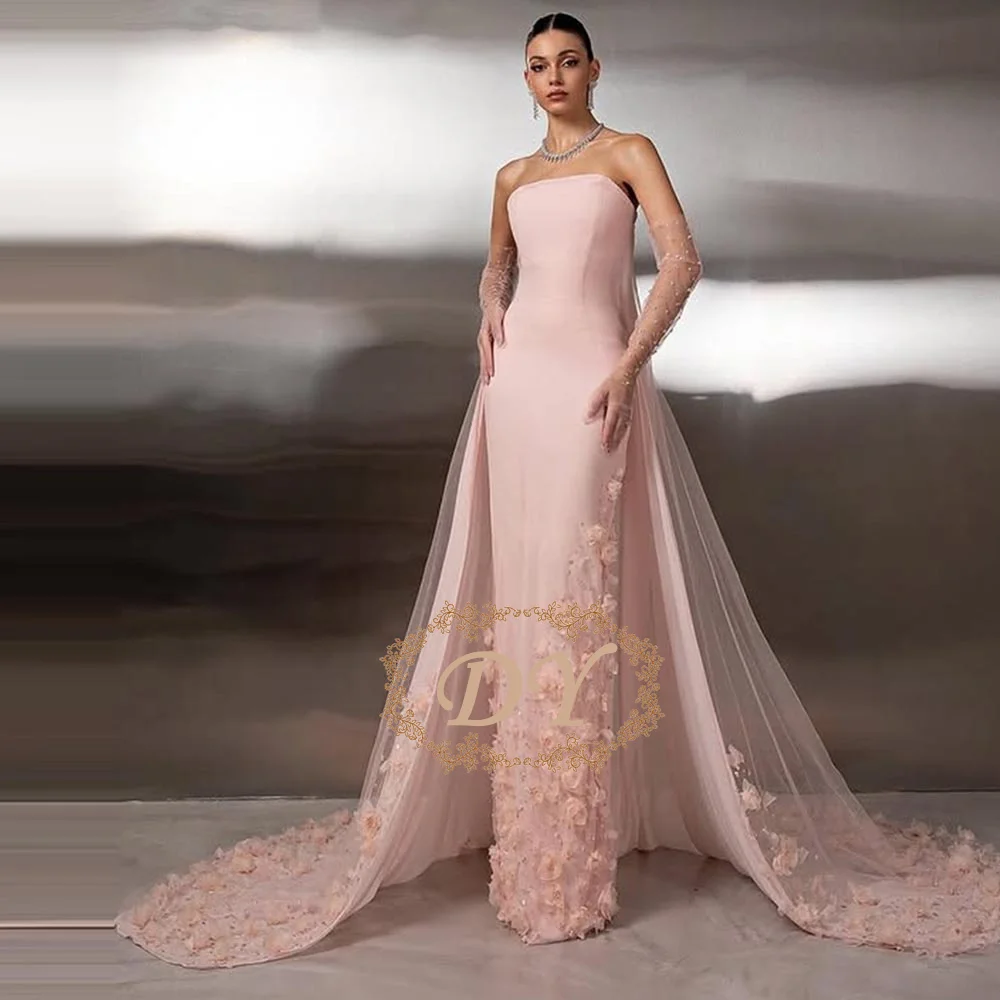 DY Customized Elegant Evening Dress Pink Delicate Flowers Strapless Backless Prom Dress Trailing  Noche Floor-Length