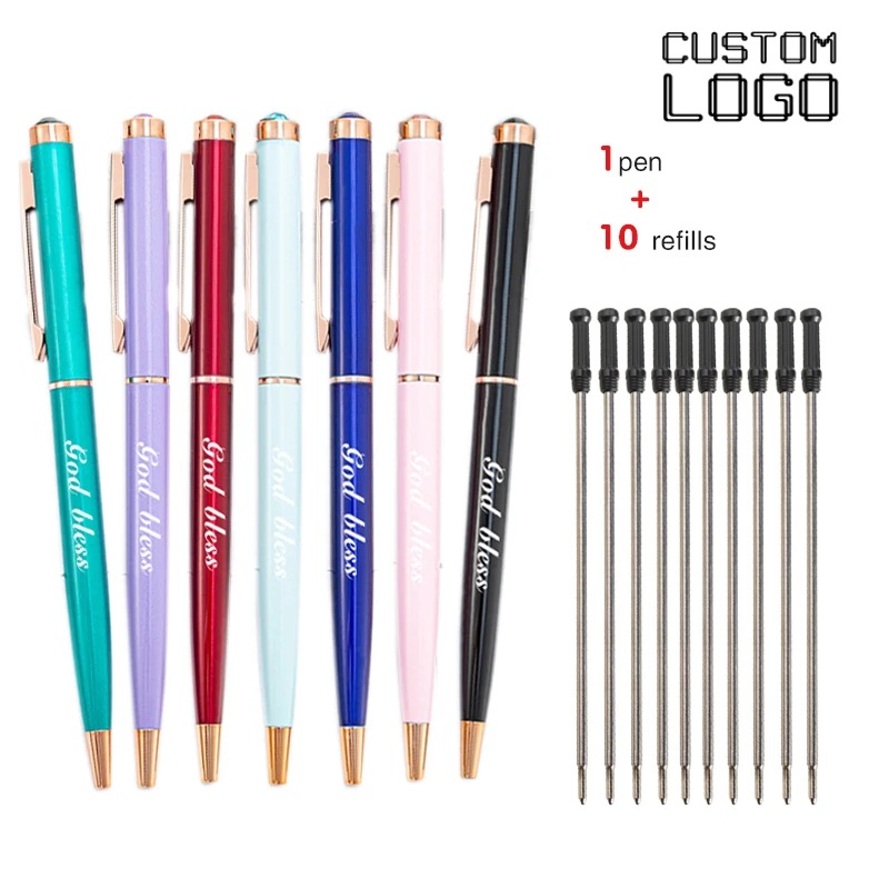 

1 Pen + 10 Refills Laser Engraving Creative Diamond Ball Point Pen Commercial Advertising School Office Stationery Pen Gift Pens