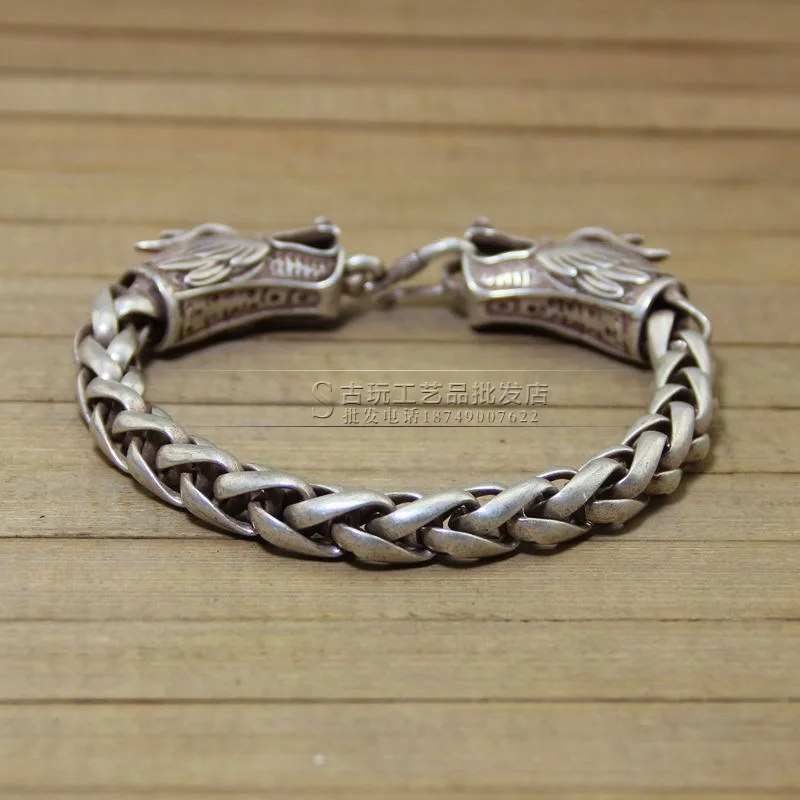 Vintage Antique Crafts Distressed White Copper Miao Silver Double Heads Bracelet