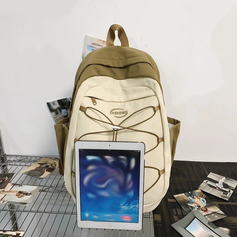 Contrast Color Backpack with Bungee Cord Large Capacity School Bag Korean Style Leisure Daybags Waterproof Airplane Laptop Bags