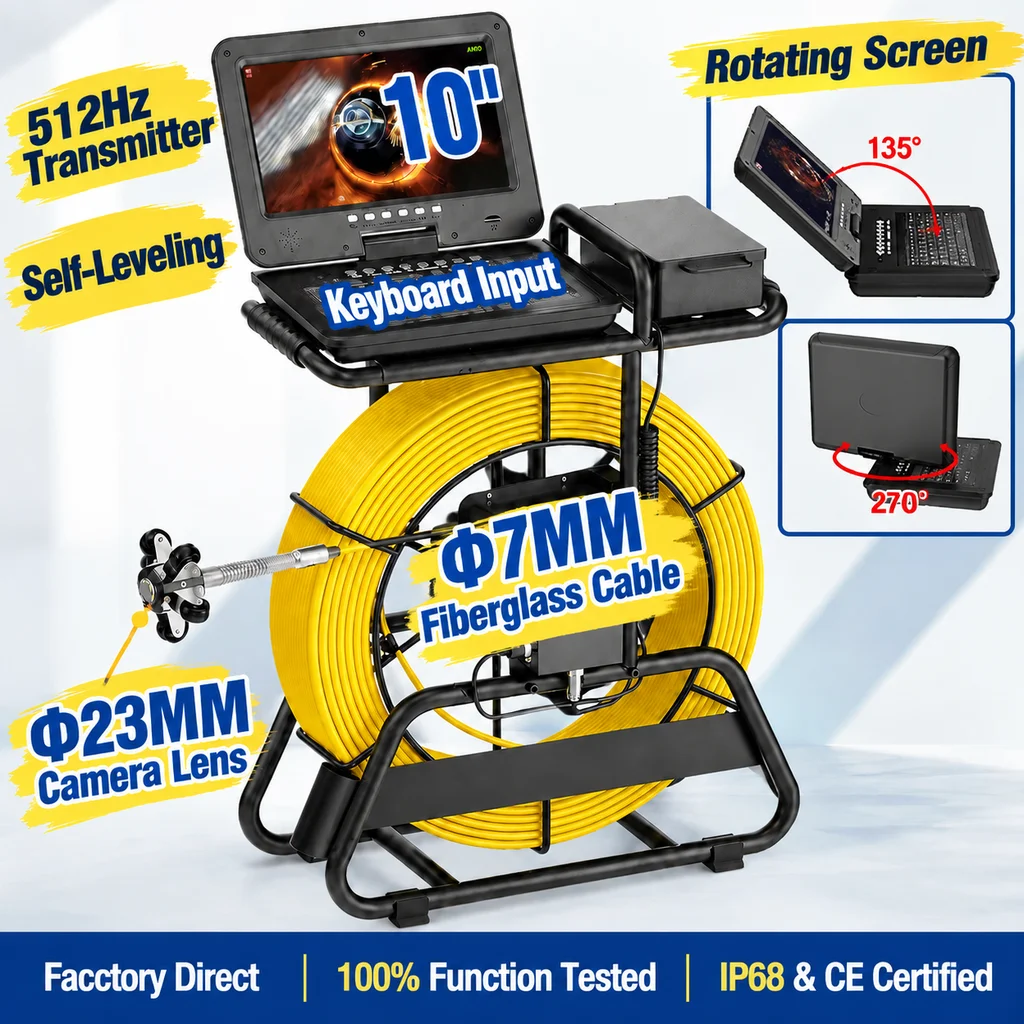 Sewer Inspection Endoscope Camera 10 Inch IPS 1080P DVR Self‑Leveling 7mm Fiberglass Cable Meter Counter