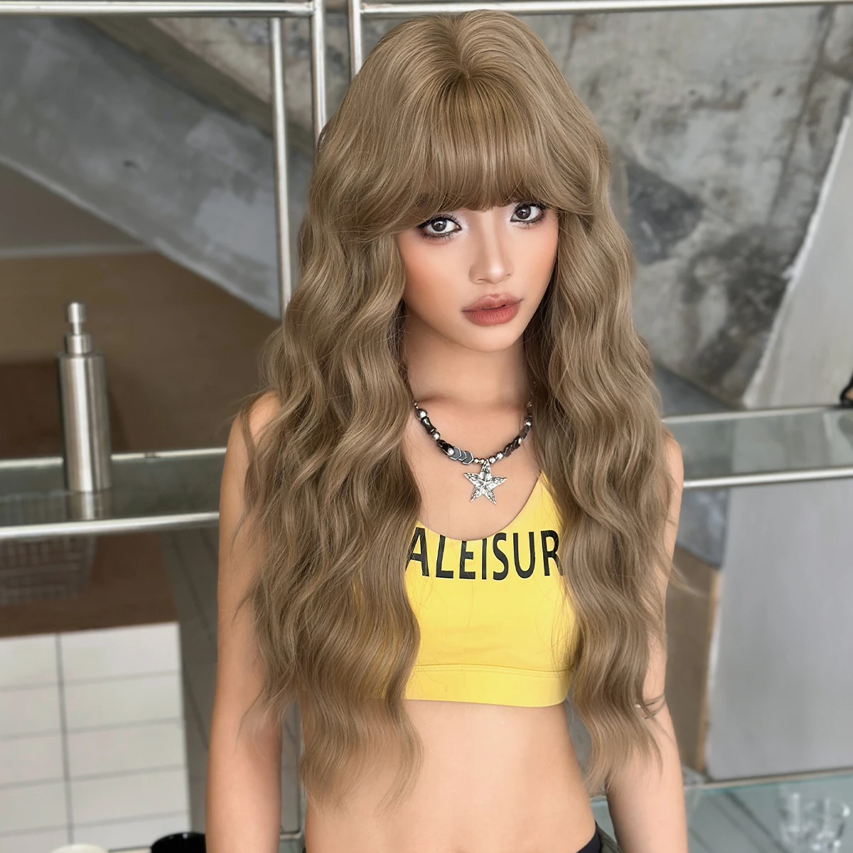

NAMM Long Wavy Blonde Wig with Bangs for Women Heat Resistant Fiber Hairpiece with Natural Synthetic Full Machine Hair Wigs