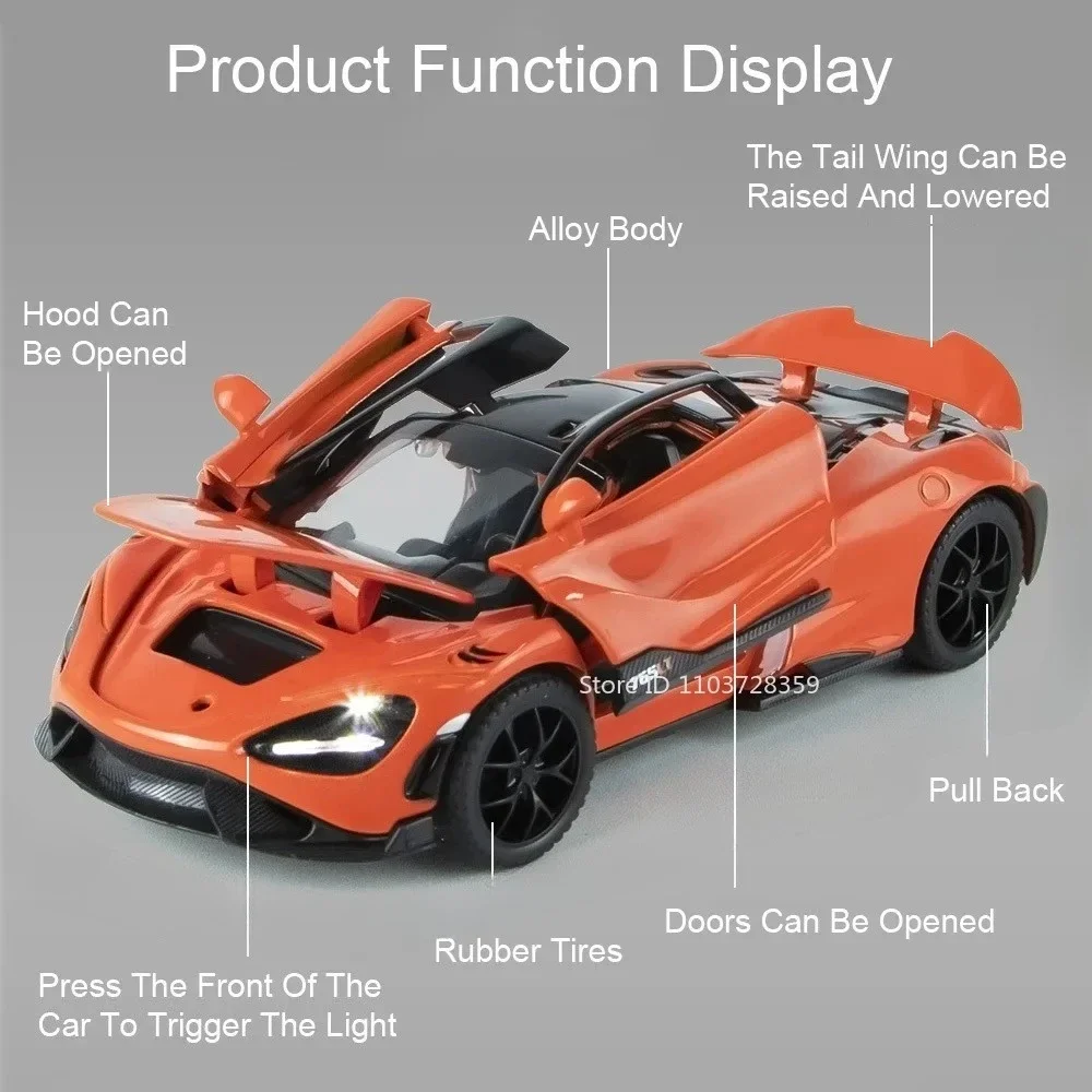 1:32 미니어처 765LT 세나 모델 슈퍼카 장난감 합금 다이캐스트 사운드 라이트 도어 오픈 풀백 스포츠카 어린이 인터랙티브 장난감