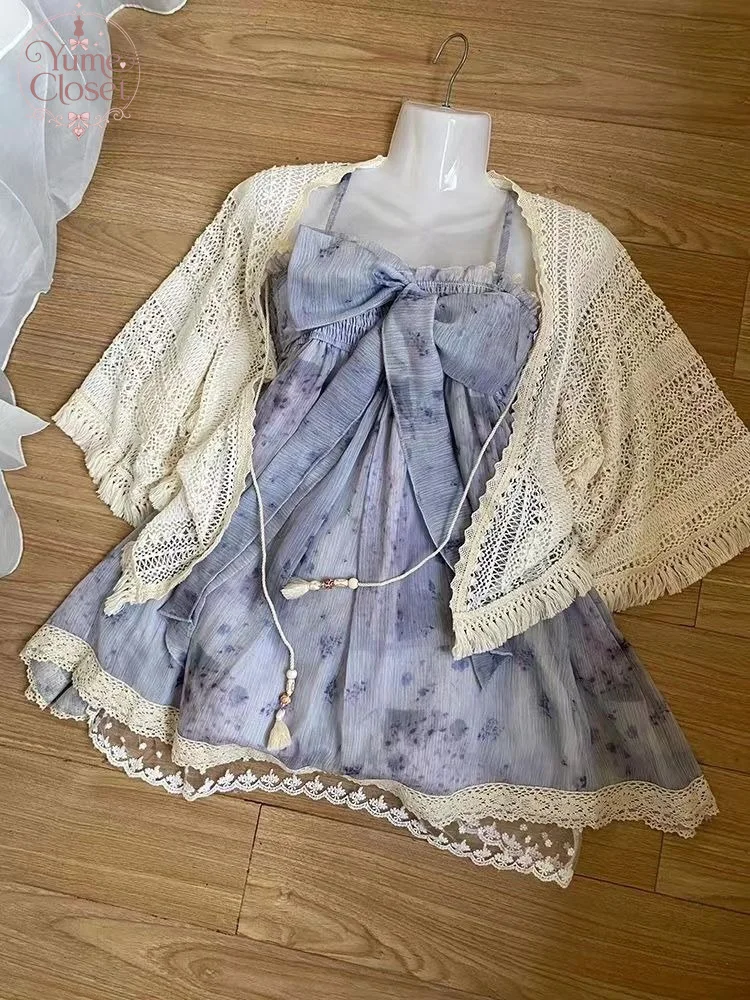 French Lace Cardigan + Bow Sling Dress New Elegant Sweet Retro 2 Piece Set Women Aesthetic Vintage Y2K Fashion Fit Chic Outfits