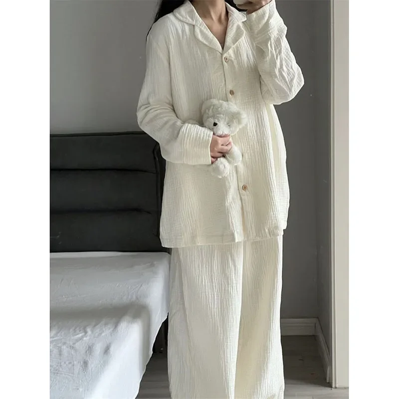 Korean Sleepwear Women Pajama Sets Solid Color Piiama Ruffles Pants Sets for Women 2 Pieces Autumn Night Wears Button Home Suit