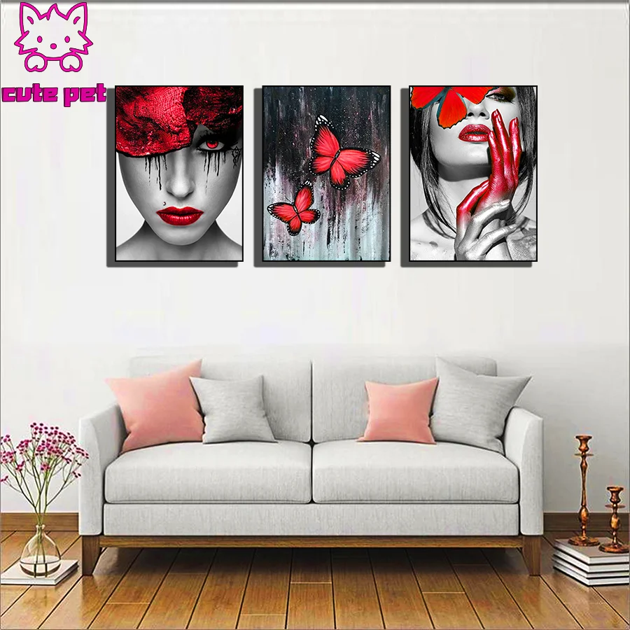 5D full Round square Diamond Painting Butterfly modern fashion makeup woman Mosaic DIY Cross Stitch Kit Diamonds Embroidery 3PCS