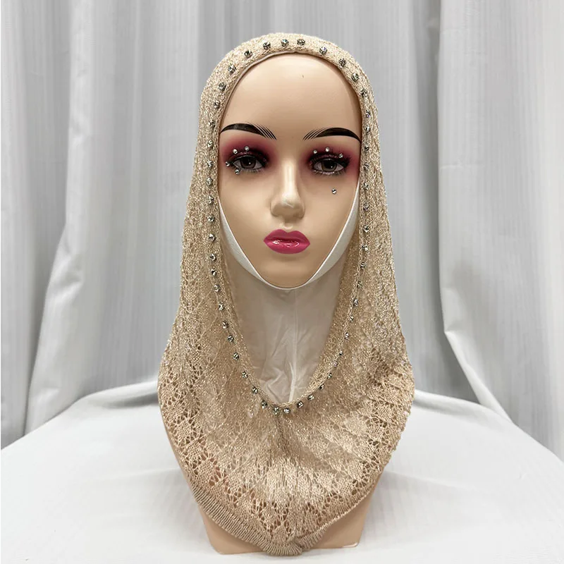 

New studded drill bright silk hood scarf, women's fashion ethnic style headscarf, breathable and convenient hijab hollow-out hat