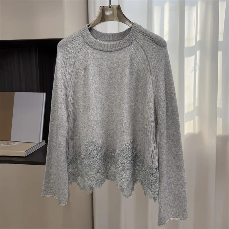 

Women's sweater New elastic knitted slim long sleeved top for spring 2026 Lace patchwork pullover Wool blend jersey for women