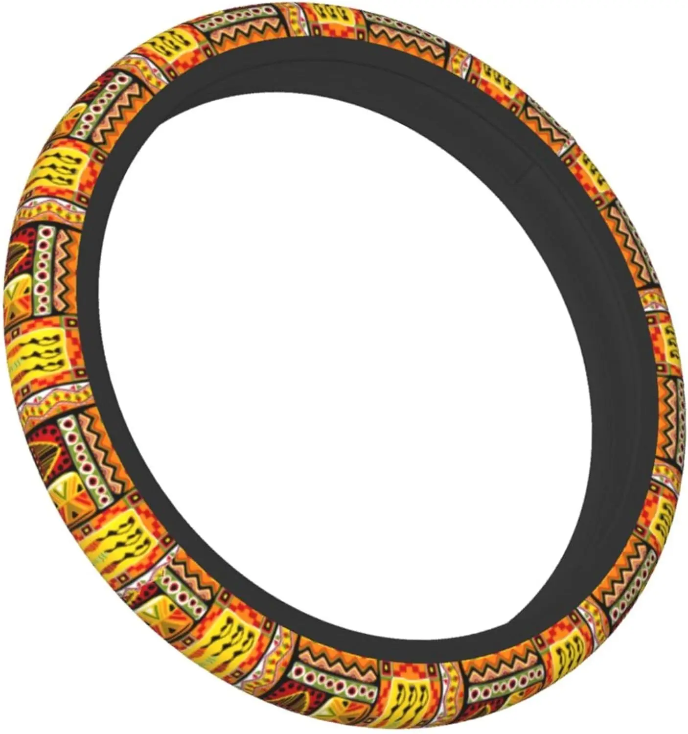 African Women Geometric Colorful Ethnic Neoprene Steering Wheel Protector Universal Fit Most Car Sedans SUVs - 15 Inch