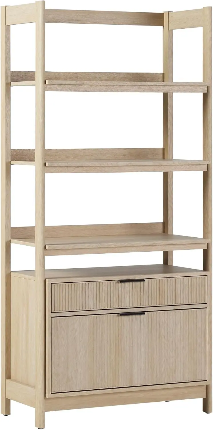 Coastal Oak Transitional Reeded 4‑Shelf Bookshelf with Bottom Drawers, Versatile Open Display Bookcase with Lower Storage for Home Office Living Room Bedroom, 33”W x 16.75”D x 70”H