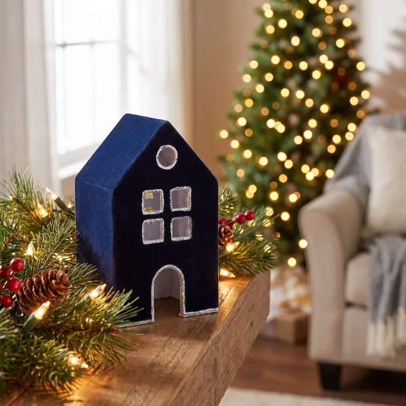 Velvet-Feel House Christmas Decoration, Blue and Silver, 8
