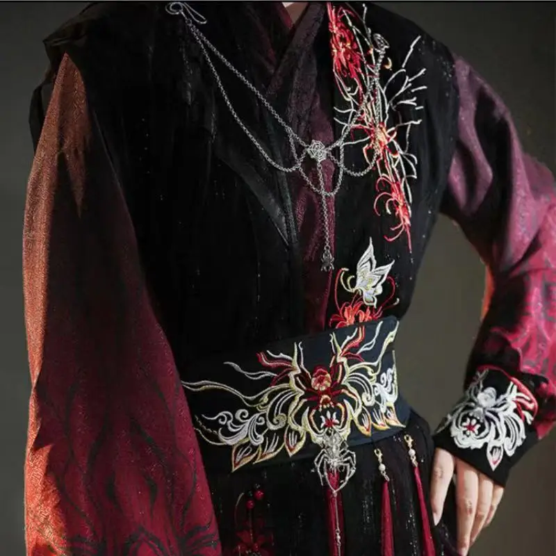 Dark Black Red Spider Han Elements Clothes Men Women Song Dynasty Cross Collar Hanfu Beizi Dress Niche Boy Anime Cosplay Costume