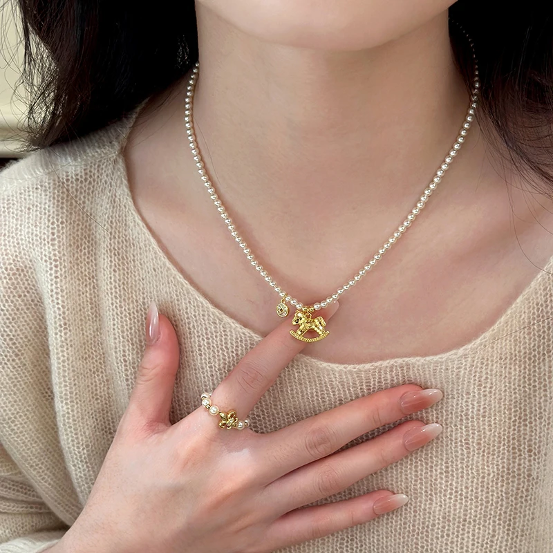 Design Christmas Set Jewelry Pearl Chain Gold Color Trojans Pendant Necklace For Women's Trendy Jewelry Elegant Accessories Gift