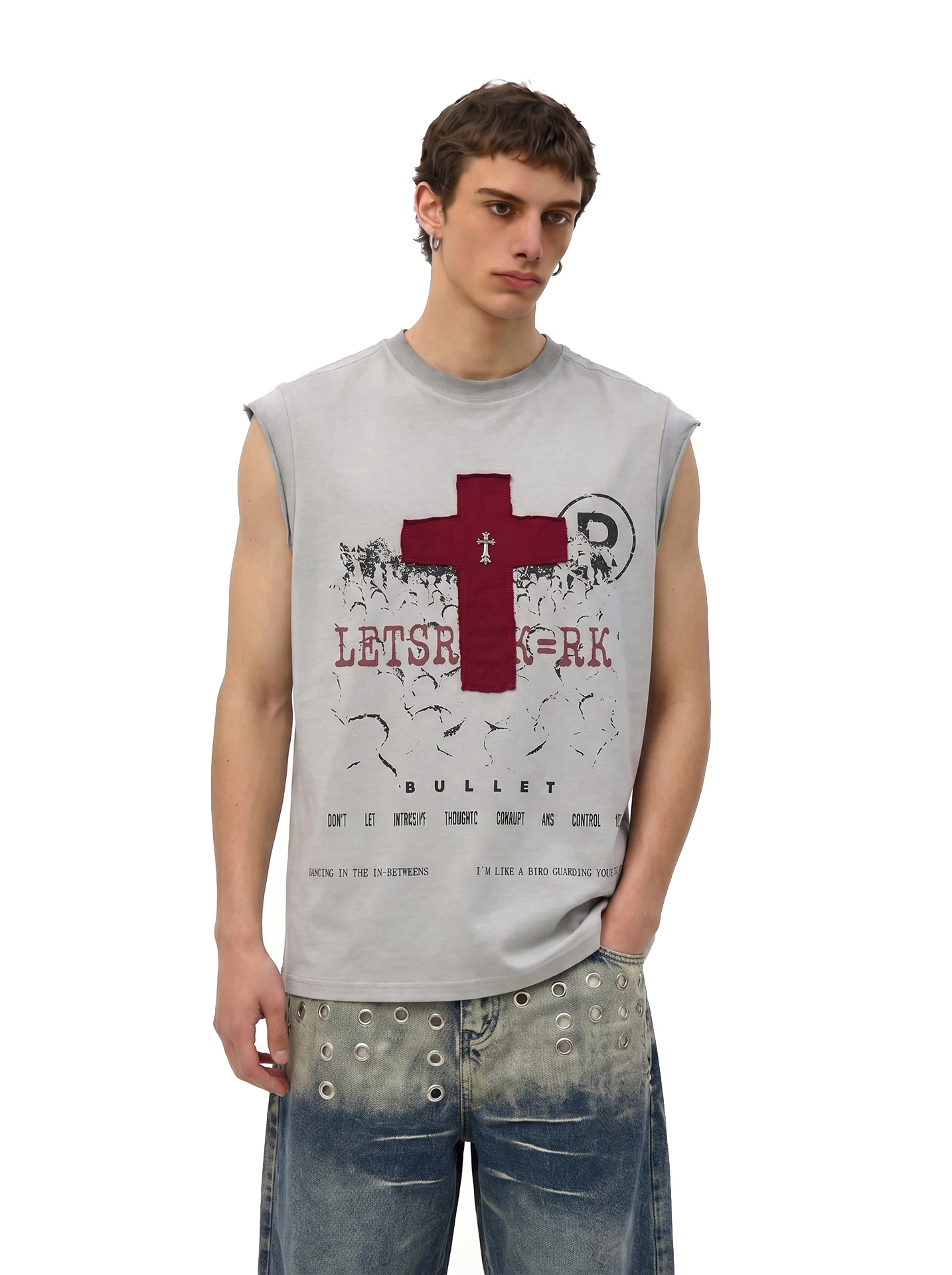 BETEBULE American Cross Stitched Print Loose Sleeveless Men's Tank Top Fashionable Casual Breathable Summer T-Shirt