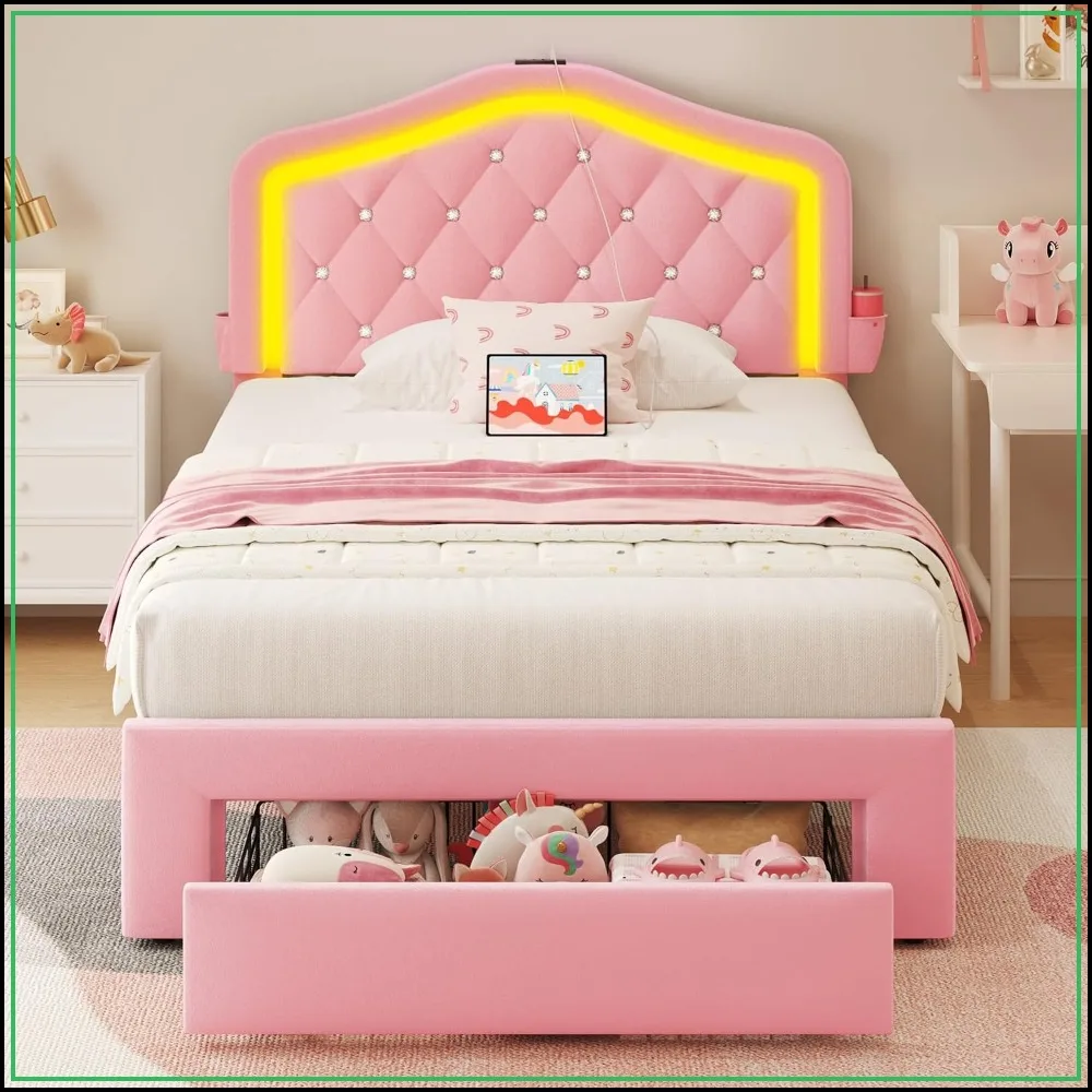 Twin Velvet Platform Bed with Tiara Headboard, Drawers, USB & LED, Pink