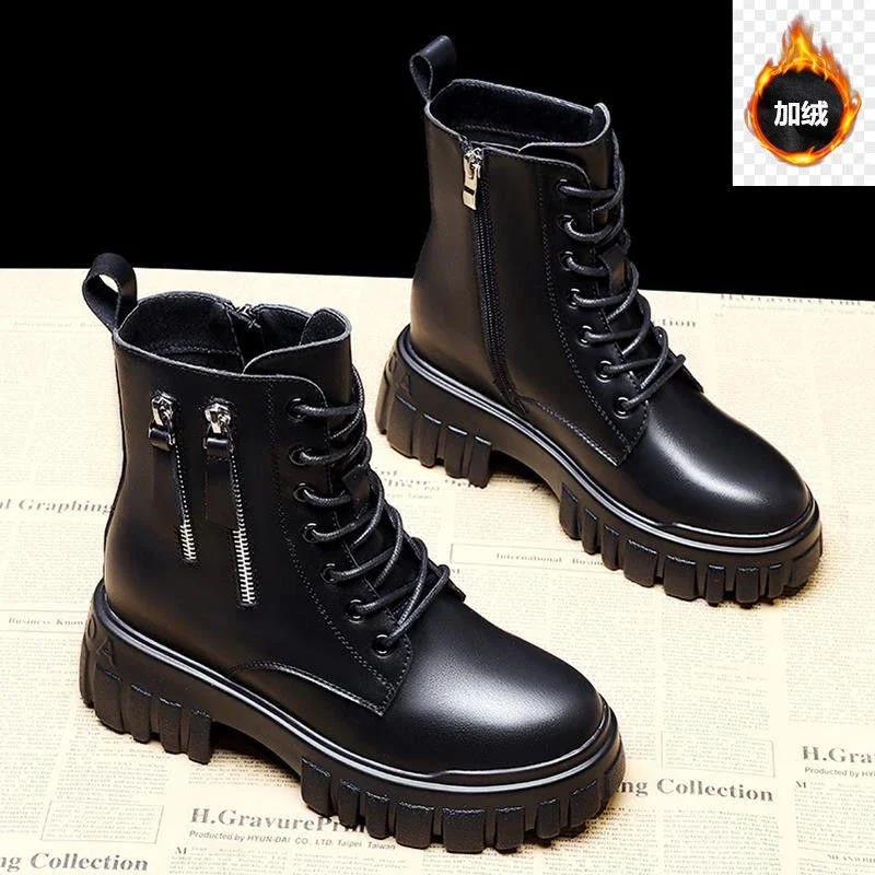 2023 New Women's Pu Leather Ankle Boots Women Autumn Winter Round Toe Lace Up Shoes Woman Fashion Motorcycle Platform Botas PU