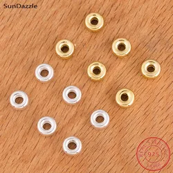 Genuine Real Pure Solid 925 Sterling Silver Beads Flat Round 18k Gold Loose Spacers Bead DIY Jewelry Findings