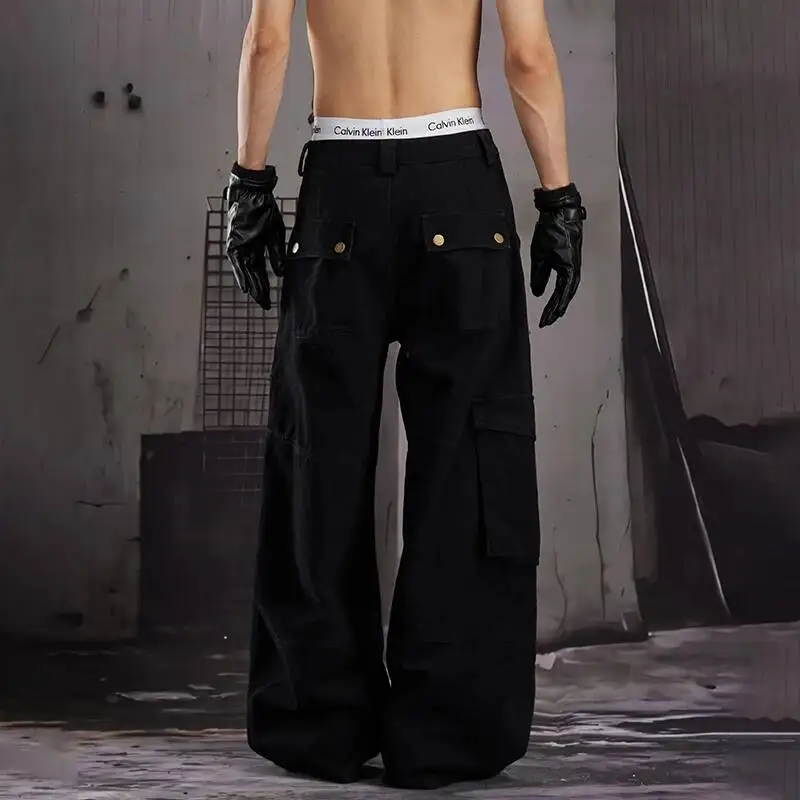 LUZHEN 2026 New Original Multi Pockets Design Loose Wide Leg Cargo Pants Men Trendy Solid Color Straight Casual Trousers JY7912