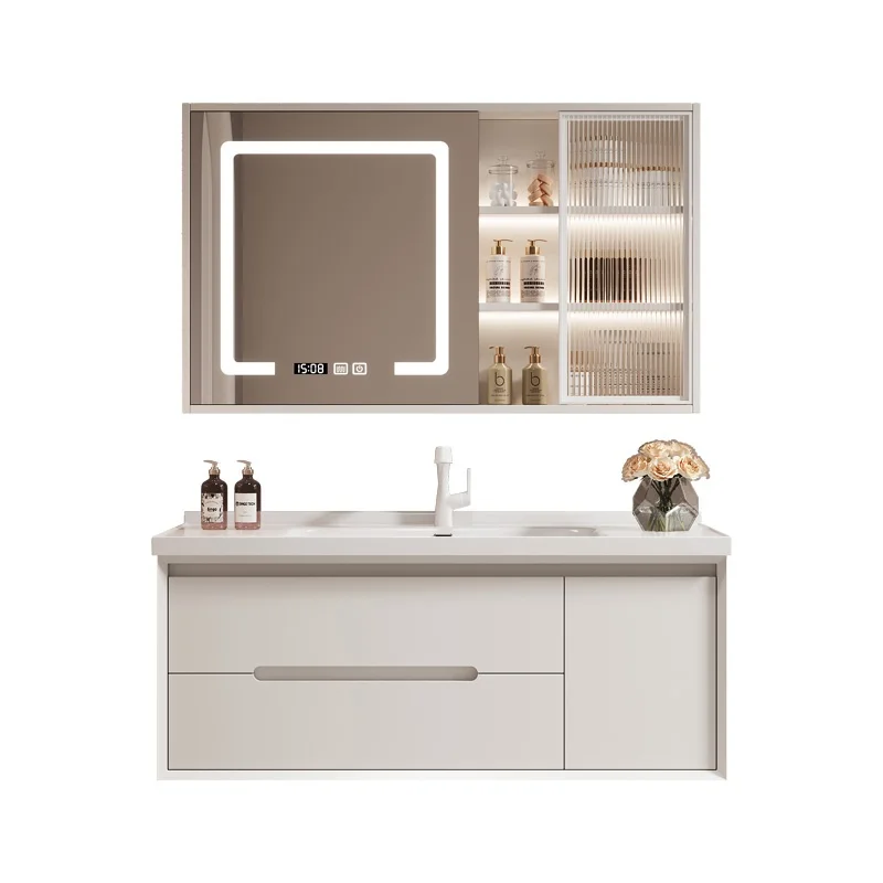 

Modern Oak Ceramic Basin Bathroom Cabinet Solid Wood Integrated Washbasin Lacquer Finish Door For Hall Cream Smart Bathroom