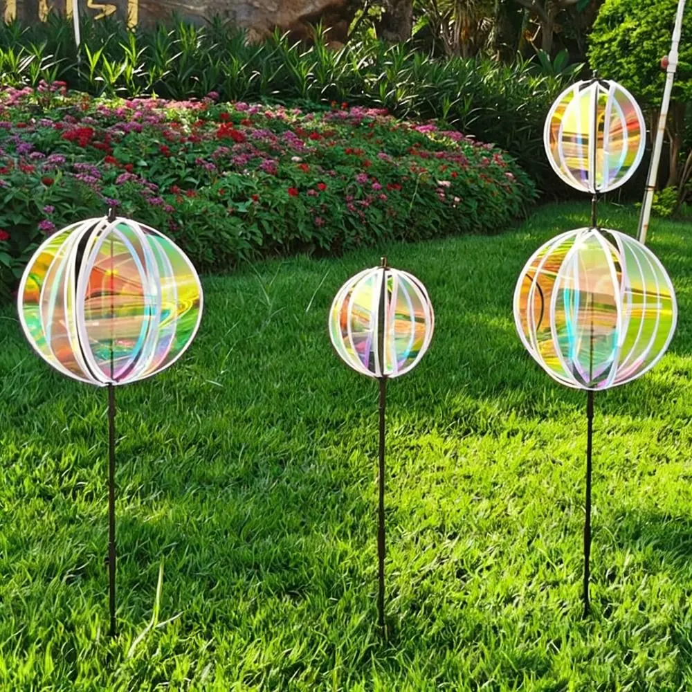 Sparkling Stripe Garden Stake Rainbow Color Colorful Film Gardening Art Rotating Ball Reflective Film Wind Rotating Sphere
