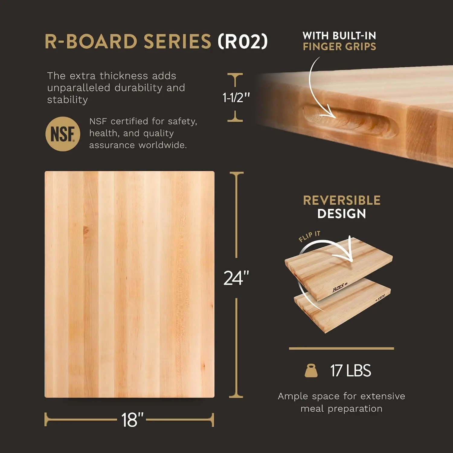 Block R-Board Series Large Reversible Wood Cutting Board, 1.5-Inch Thickness, 24