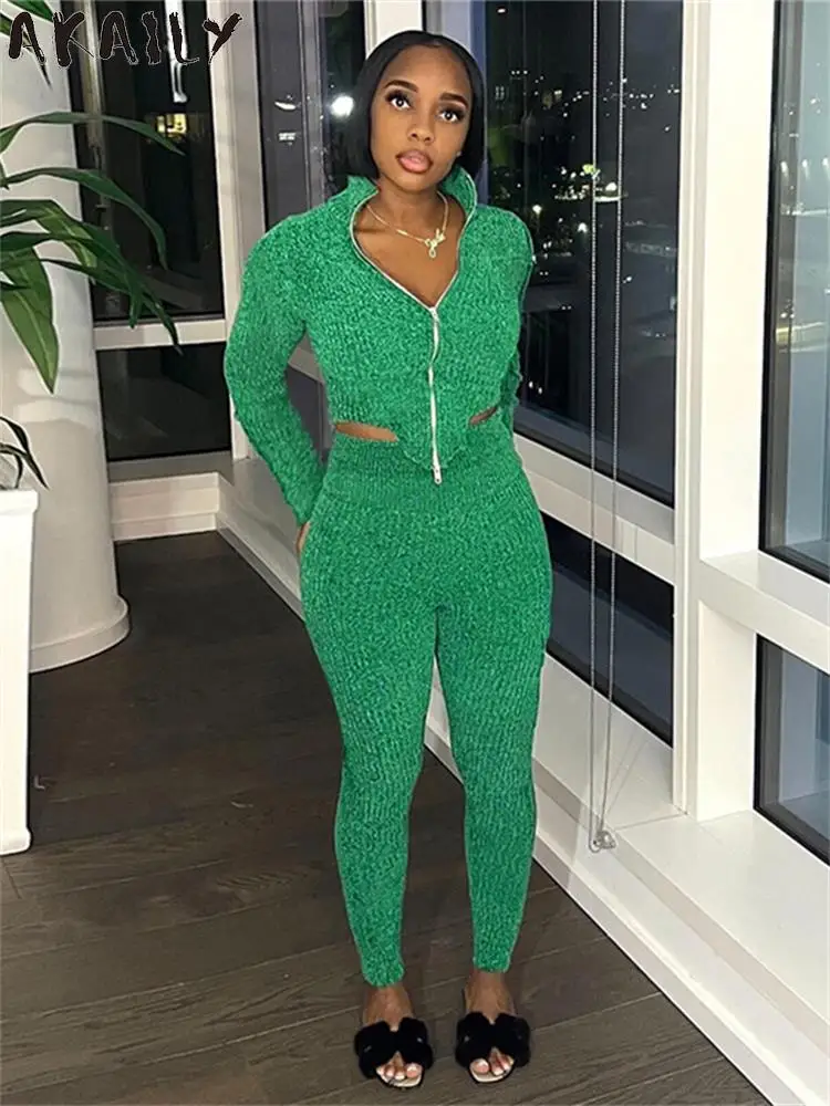 

Akaily Green Long Sleeve Knitted 2 Two Piece Pant Set Casual Outfits For Women 2023 Fall Winter Zipper Fly Bodycon Top Pants Set