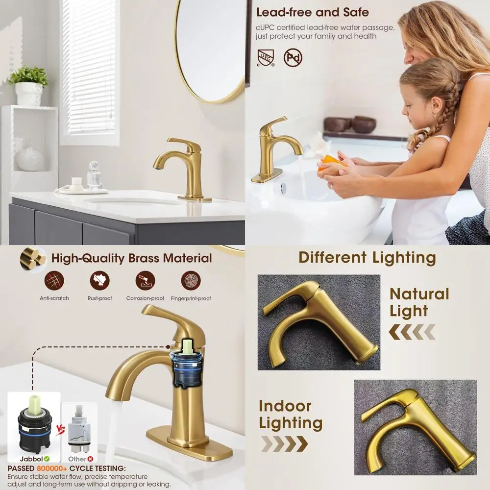 

Single Hole Brushed Gold Bathroom Faucet with Brass Construction and Pop-Up Drain for Vanity Sinks